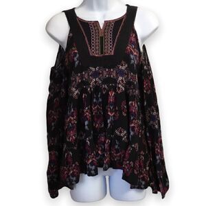 Cold Shoulder Boho Peasant Blouse Embroidered Floral Ruffled Bell Sleeves Medium
